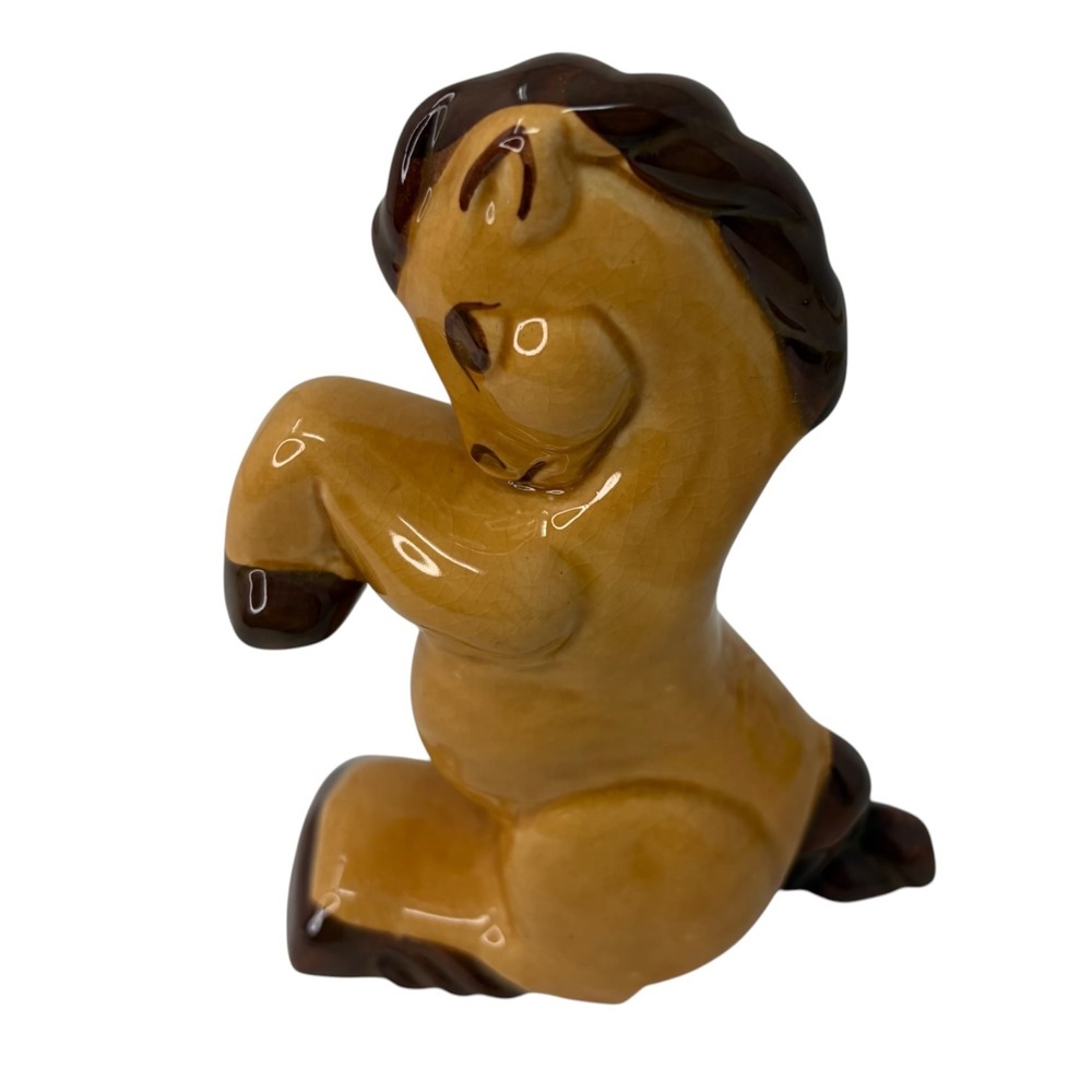 Vintage Ceramic Rearing Horse Figurine‎ Brown Tan Glossy Glaze Pony Statue 6"